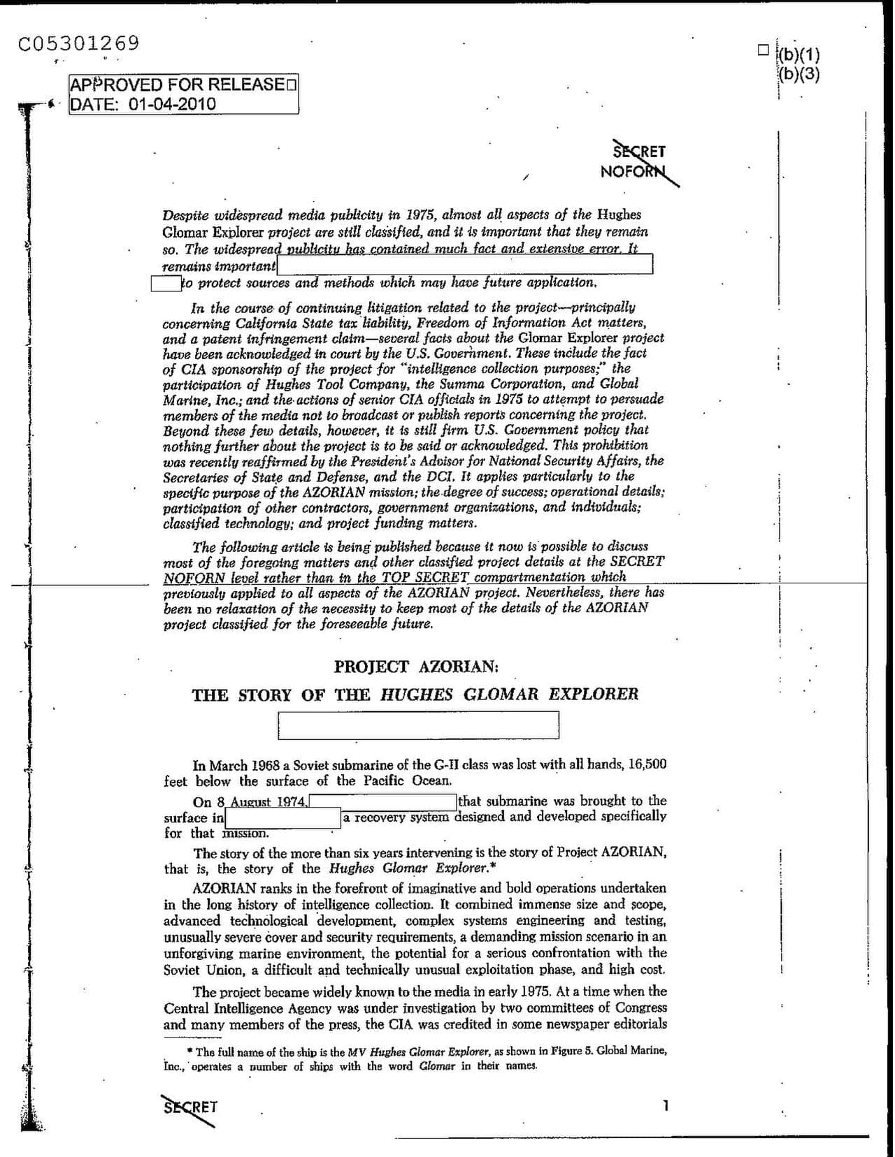 First page of the redacted CIA history 'Project AZORIAN: The Story of the Hughes Glomar Explorer'