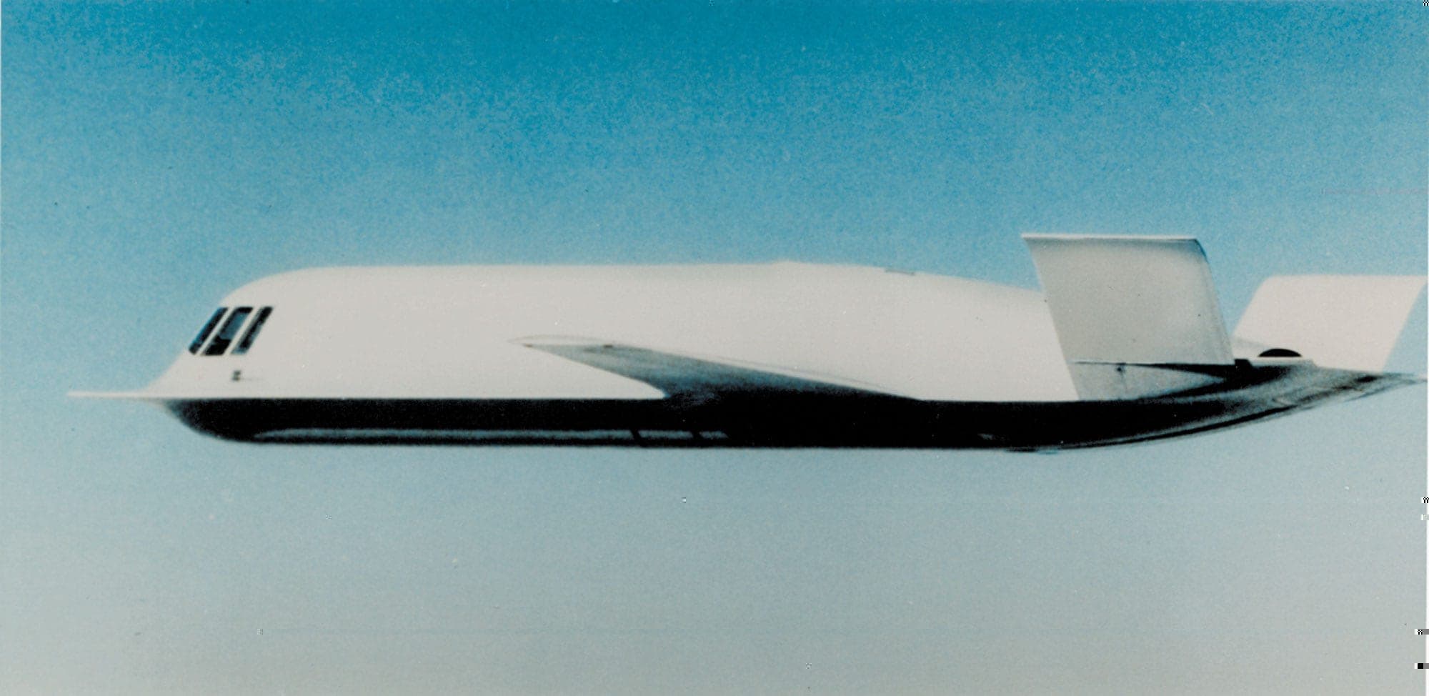 Northrop Tacit Blue stealth demonstrator in flight, side view